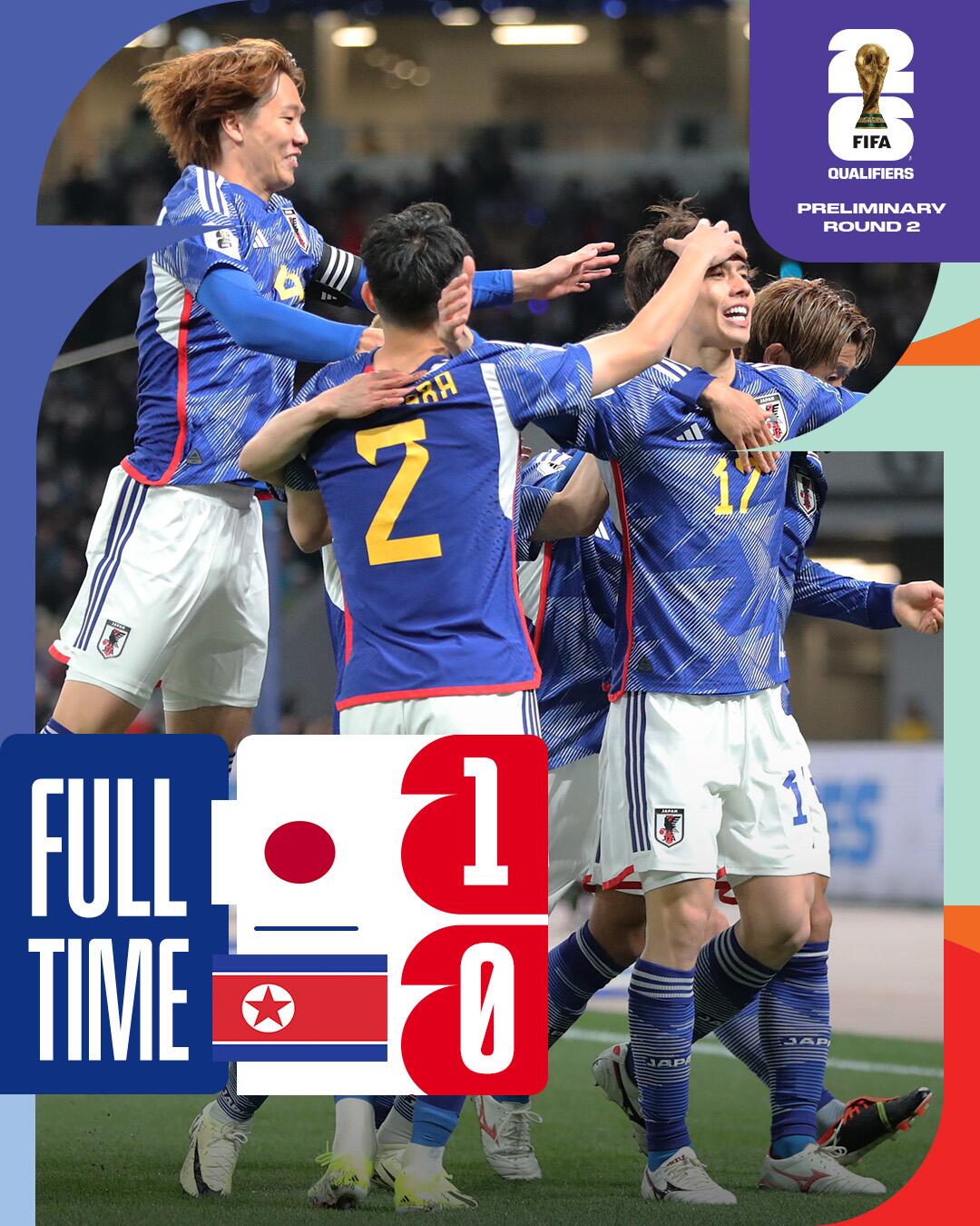 世预赛-日本1-0朝鲜三战全胜 朝鲜进球被吹1胜2负先赛暂列小组第2